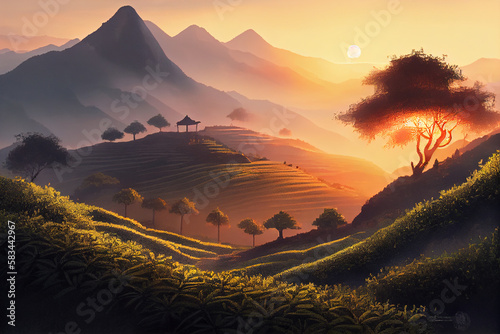 Picturesque tea plantation in the hills. AI generated