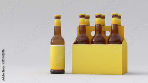 Pack of six beer bottles with ampty yellow label plus one bottle, yellow sixpack beers isolated on white background with shadows, 3d rendering, unique design of label