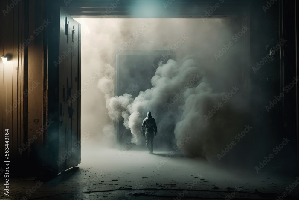 Silhouette of a Man Standing in a Vast Smoke-Filled Hall | Mysterious Atmosphere | Generative AI Illustration
