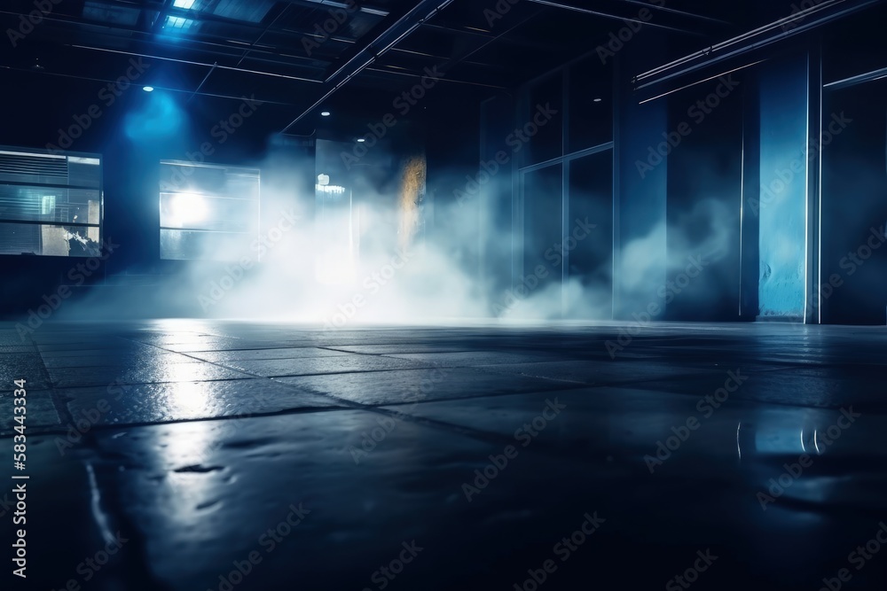 Empty vast interior space at night with smoke and spotlights generative ai illustration 
