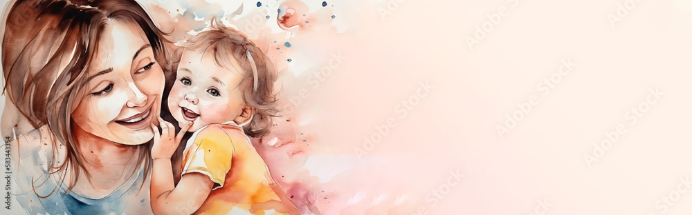 Watercolor illustration of smiling mother and daughter cuddle each other, happy childhood, mother's day banner, copyspace generative ai Watercolor illustration of smiling mother and daughter cuddle each other, happy childhood, mother's day banner, copyspace generative ai