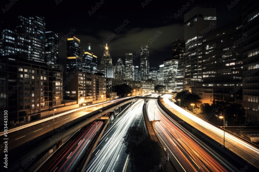 Obraz premium Long Exposure City Scene at Night - Generative AI Illustration