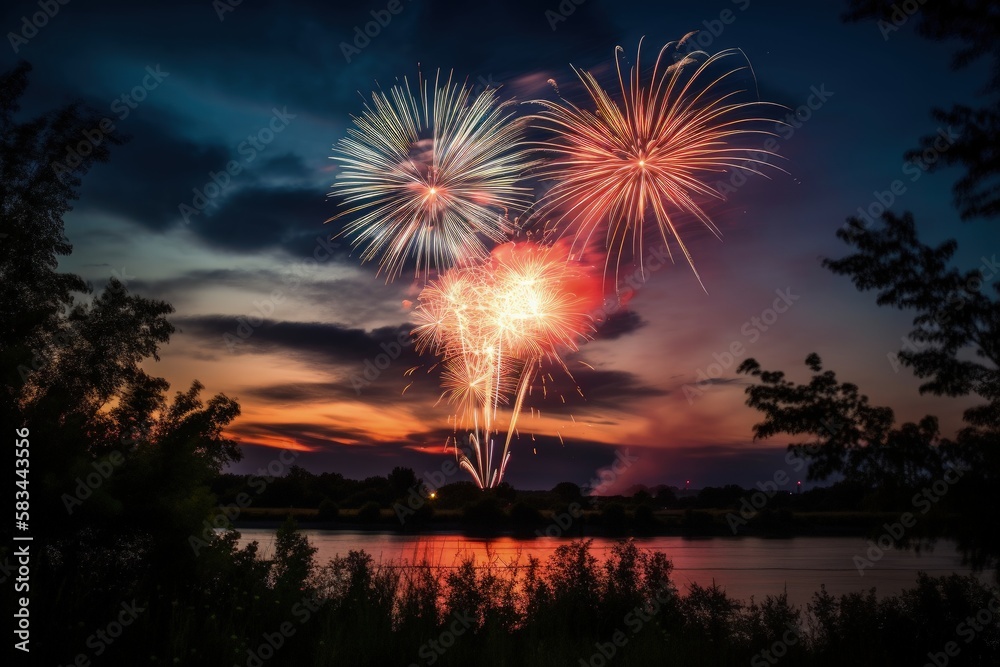 Explosive 4th of July Fireworks Display on Black Background - Generative AI Illustration