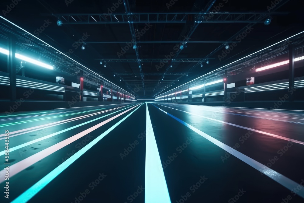 Empty Racing Track at Night with Shiny Reflective Floor - Generative AI Illustration Empty Racing Track at Night with Shiny Reflective Floor - Generative AI Illustration