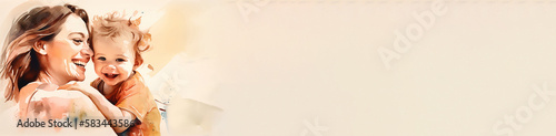Watercolor illustration of smiling mother and daughter cuddle each other, happy childhood, mother's day banner, copyspace generative ai