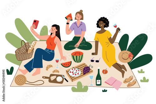 Female friends having a picnic, hand drawn composition with cartoon women relaxing in nature, eating, drinking wine, doodle picnic blanket and basket, flat vector illustrations of spending summer time