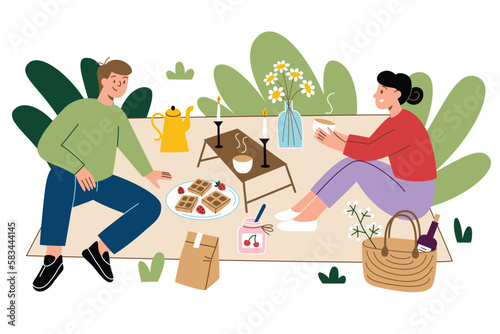 Young couple having a picnic outdoors, hand drawn composition with cartoon man and woman on date in nature, doodle icons of picnic blanket and basket, lovers relaxing outside, vector illustrations
