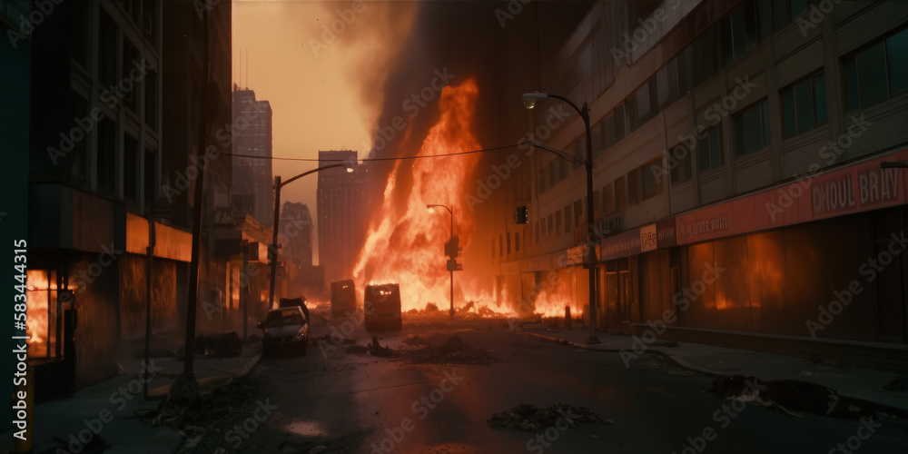 A burned city street  generative ai scene
