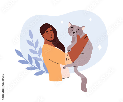 Woman with cat for veterinary or animals therapy, flat vector isolated.