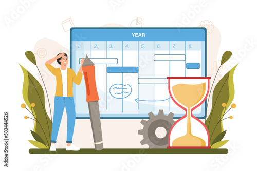 Planning color concept with people scene in the flat cartoon design. Man makes adjustments to his list of tasks for today. Vector illustration.
