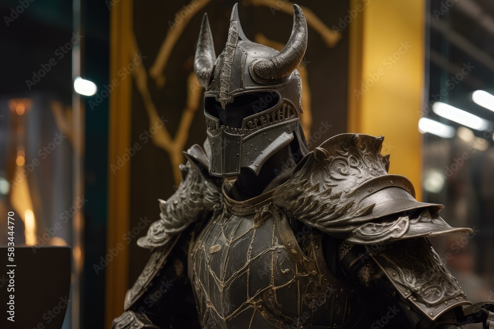 Shining Knight: Armor Display in Front of Bokeh Backgroundgenerative ai illustration

