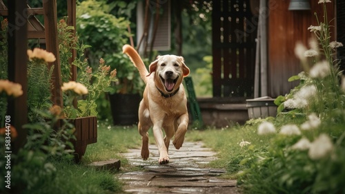 Happy dog ​​playing in summer backyard