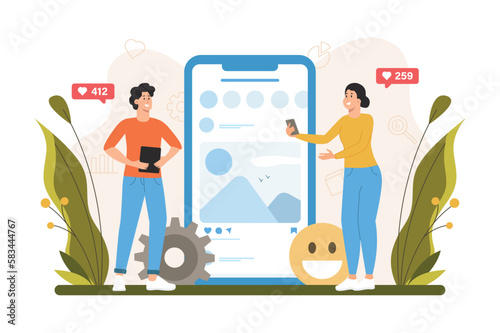 Social marketing color concept with people scene in the flat cartoon style. Two marketers analyze social networks and assess peoples needs. Vector illustration.
