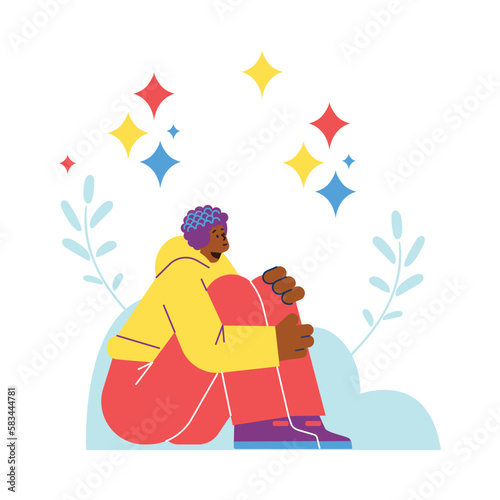 Curly woman dreaming hugging knees flat style, vector illustration