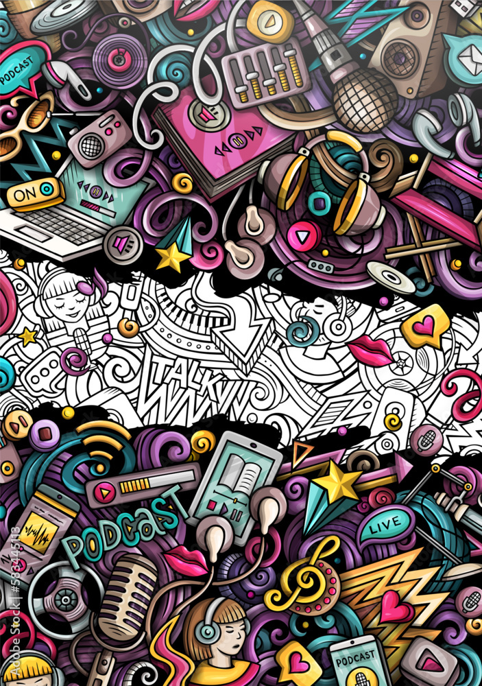 Audio Content doodle banner. Cartoon vector vertical flyer. Audio Content doodle banner. Cartoon vector vertical flyer.