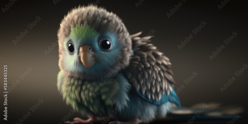 Obraz premium A cute adorable baby bird 3D Illustration flying in cloud in the style of children - friendly cartoon animation fantasy style