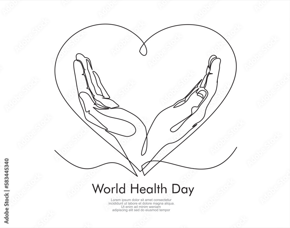 World health day. Continuous one line drawing of heart and hands on white background. World health day. Continuous one line drawing of heart and hands on white background.
