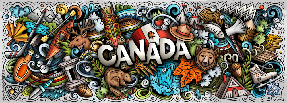 Canada cartoon doodle illustration. Funny Canadian banner
