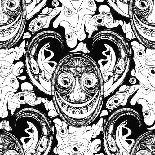 Demon with Thousand Eyes. Phantasmagorical Surreal Design on Black. Vintage Stamp Stylization with Abstract Stains. Seamless Pattern, Endless Texture. Vector Contour Illustration. Coloring Book Page