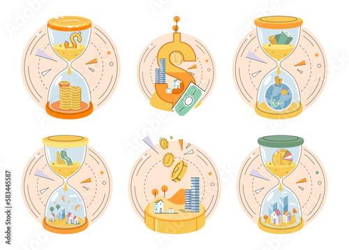 Time and money, deferred payment, financial system of global economy, capital investment, business timer countdown. Hourglass with coins and money turn into planet. World stock exchange vector set
