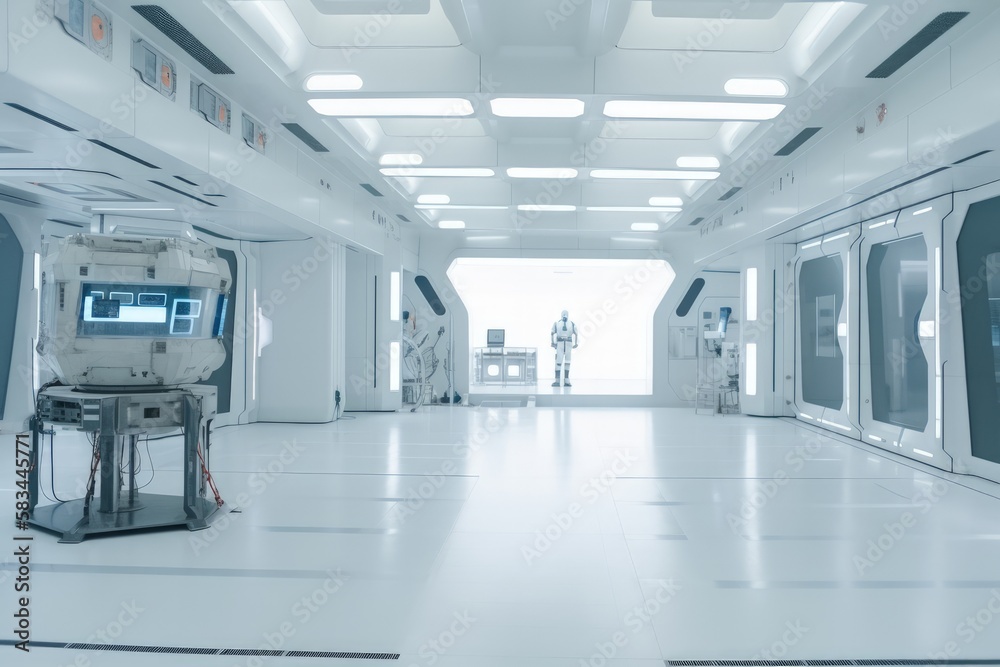 Fototapeta premium Sci-fi futuristic empty workspace with white sleek reflective floors generative ai