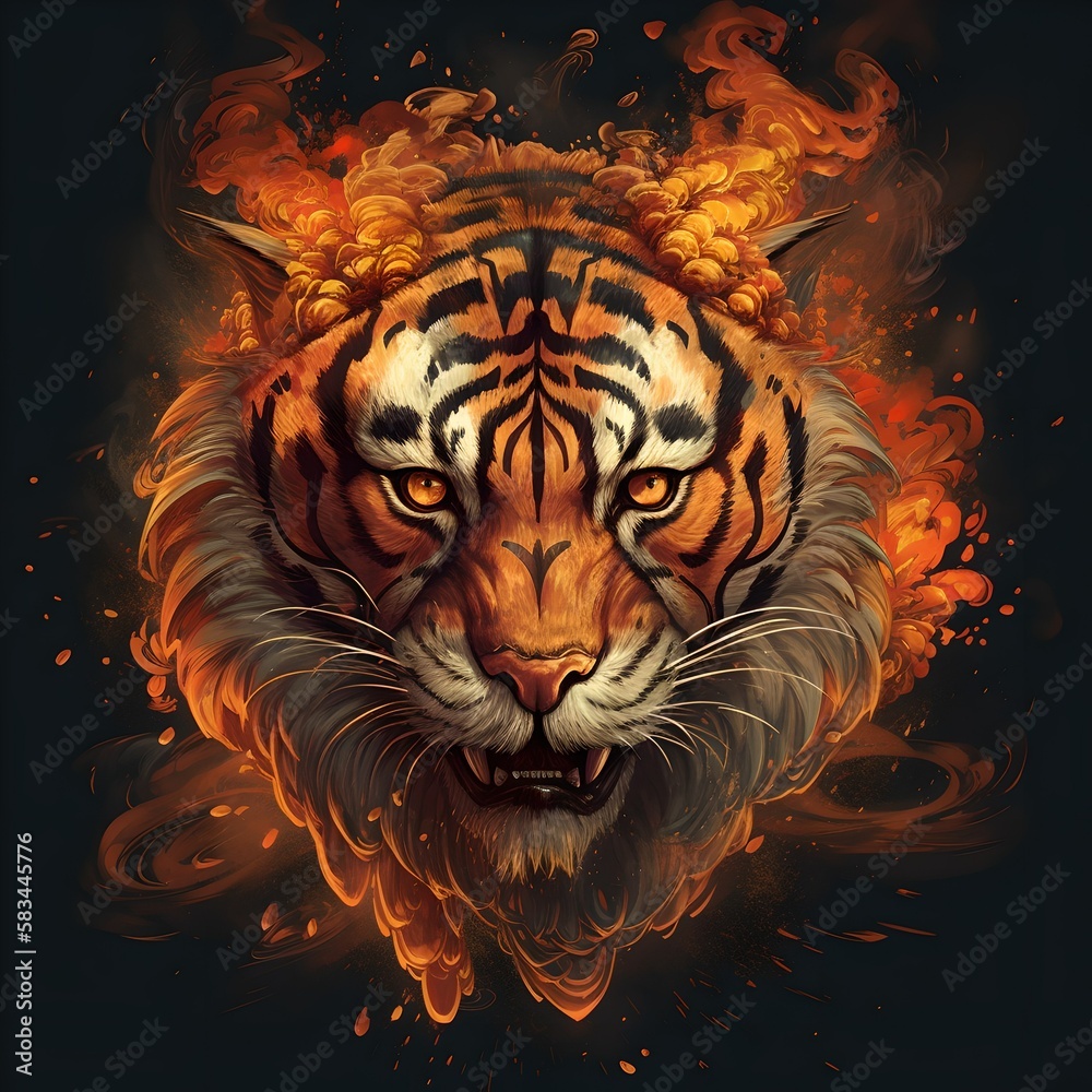Fiery tiger in black background illustration - Fit for cover, poster, banner, merchandise, shirt design - Generative AI