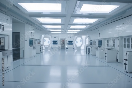 Sci-fi futuristic empty workspace with white sleek reflective floors generative ai