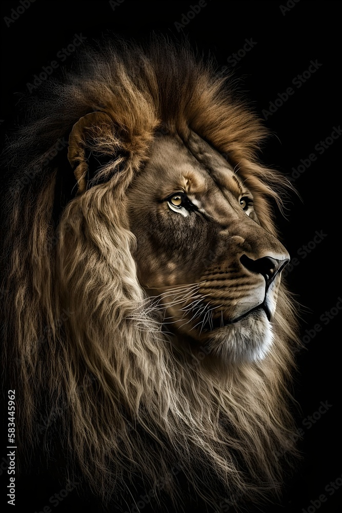 Lion head portrait on black background - Generative AI