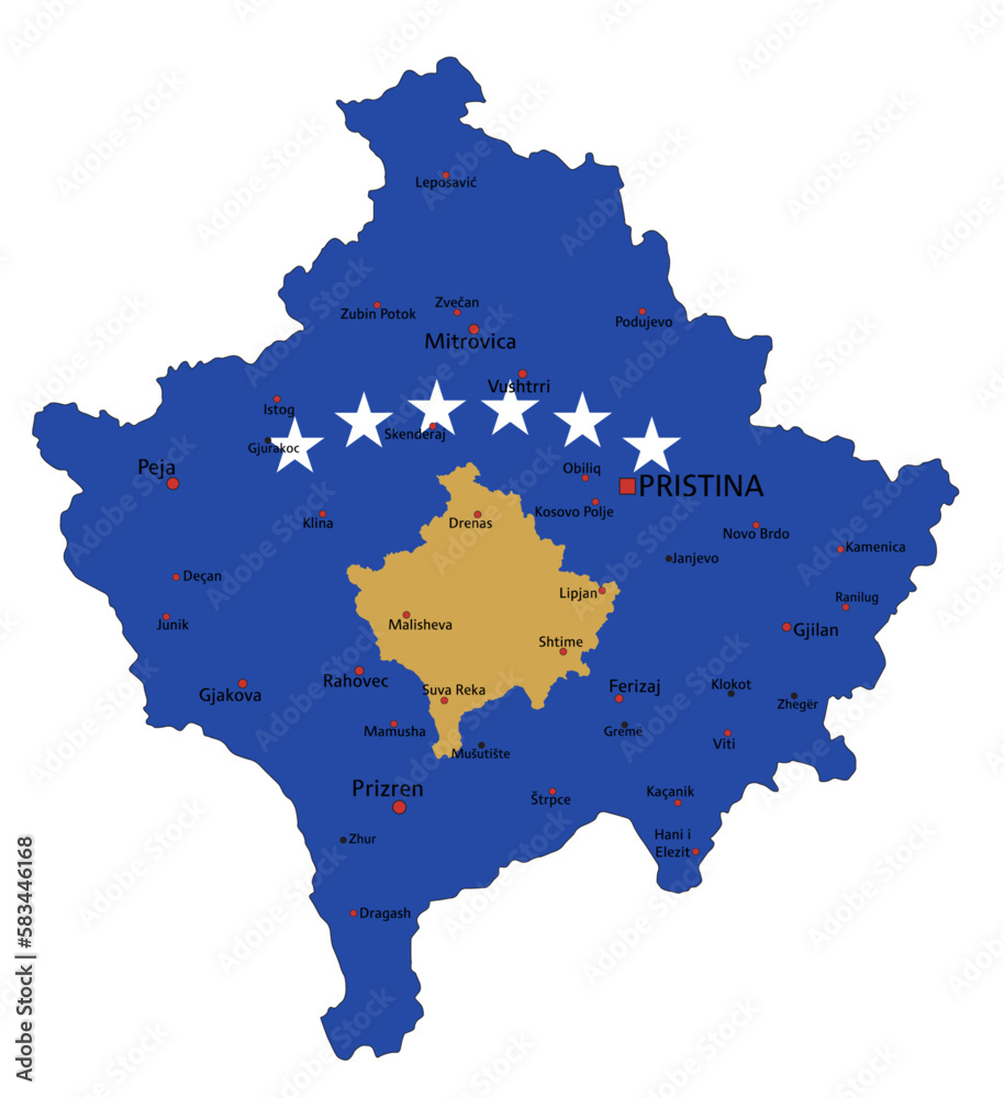 Kosovo highly detailed political map with national flag isolated on white background.