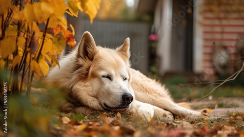 dogs sleep in the fallen leaves in the backyard, dog in autumn