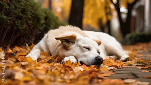 dogs sleep in the fallen leaves in the backyard, dog in autumn