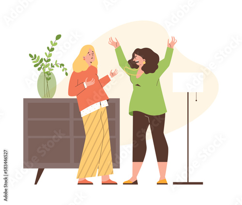 Two women arguing and yelling at each other, flat vector illustration isolated.