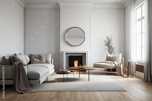 Interior of a white  wood floored  fireplace equipped living room with a gray sofa next to a round coffee table. a mockup. Generative AI