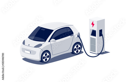 Modern electric small city micro car charging parking at fast charger ev station with a plug in cable. Electrified battery vehicle transportation. Isolated flat vector illustration on white background (ID: 583446780)