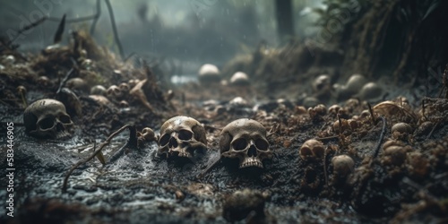 Fotografia Skeletal remains of fallen warriors of war, human skulls and bones embedded in d