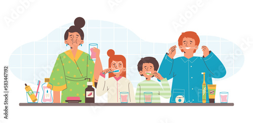 Family brushing teeth together flat style, vector illustration