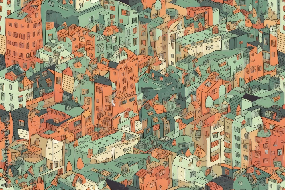 Fototapeta premium illustration of multilevel city, lots of windows, colorful silhouettes of different people and pets in the windows, intricate details, highly detailed generative ai 