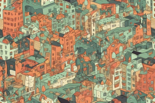 illustration of multilevel city  lots of windows  colorful silhouettes of different people and pets in the windows  intricate details  highly detailed generative ai 