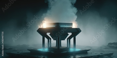 futuristic empty podium stage with Smoke and neon light generative ai sci-fi alien stand platform