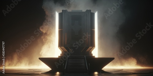 futuristic empty podium stage with Smoke and neon light generative ai sci-fi alien stand platform