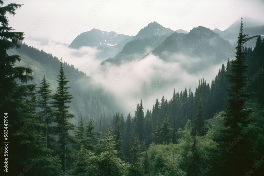mountains peak out of the fog over a forest valley generative ai mountains peak out of the fog over a forest valley generative ai