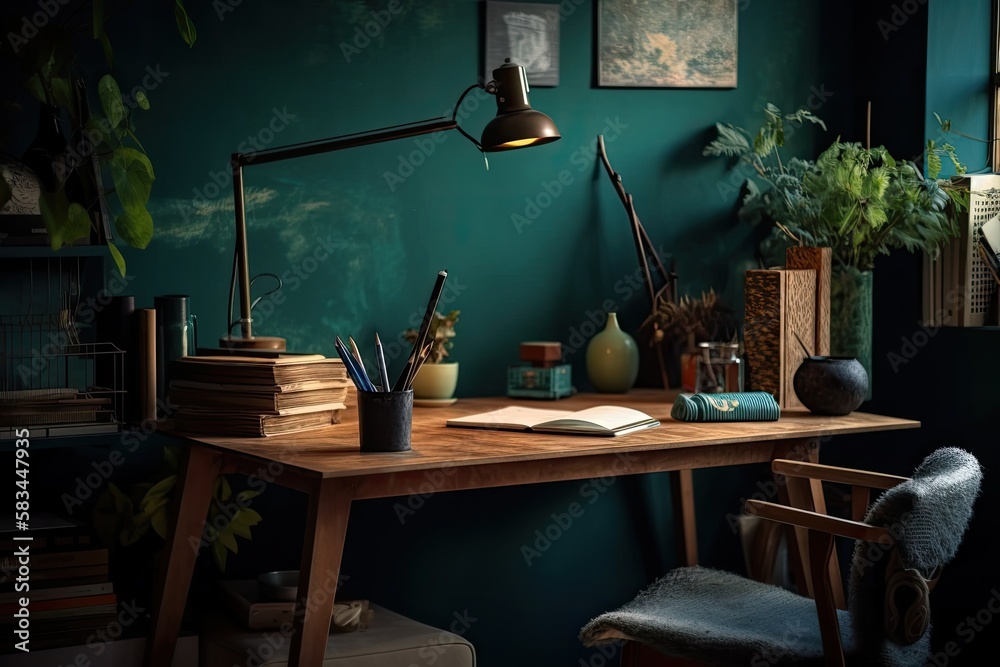 Ilustracja Stock: The home office has a dark green wall, a laptop in