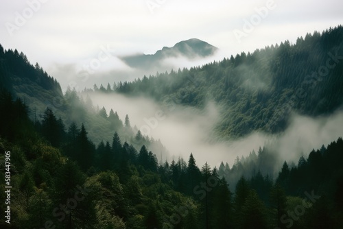 mountains peak out of the fog over a forest valley generative ai  © Ecleposs