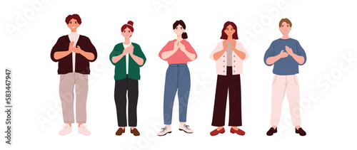 People character design collection. Modern cartoon flat style with males and females stand together in clapping hands pose. Characters illustration for social media, background, poster, cover.