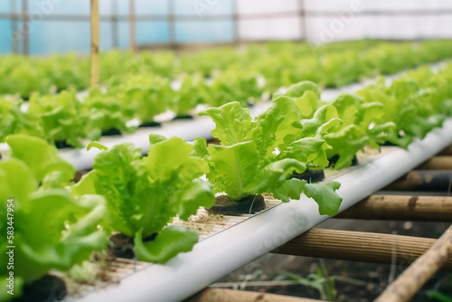 A row of lettuce plants in a greenhouse Generative AI