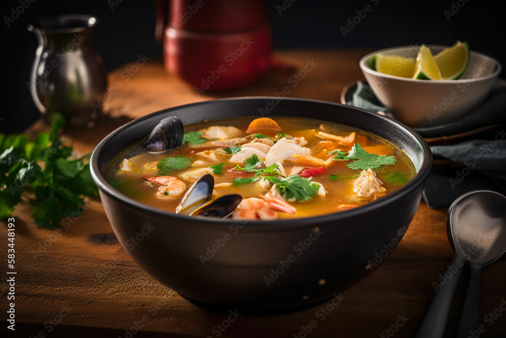 Mexican Seafood Soup: Spicy Cazuela de Mariscos. Generative AI
