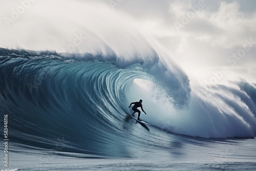 A surfer rides a wave in the ocean. Generative AI photo
