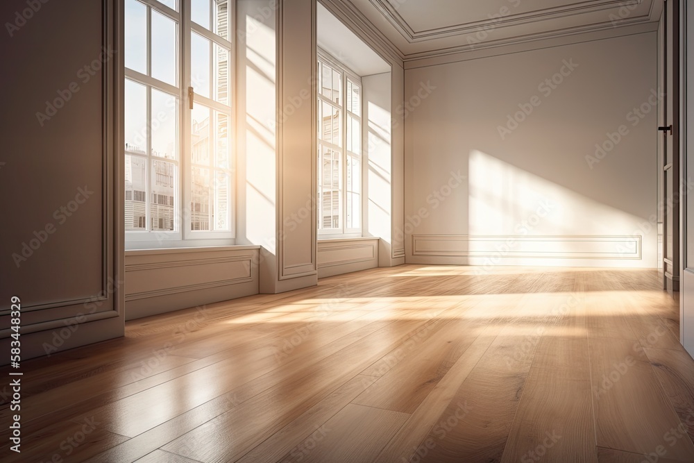 Fototapeta premium White Plinth and Light Glossy Parquet Floor in an Empty Interior Corner with Light Beige Walls. A perspective. with a Window Work Path. 300 dpi, 7680x4320, and 8K Ultra HD. Generative AI