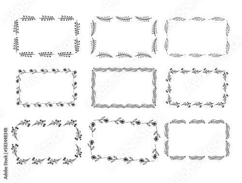 Set of rectangular floral frames, hand drawn line square flower frames clip art vector illustration isolated