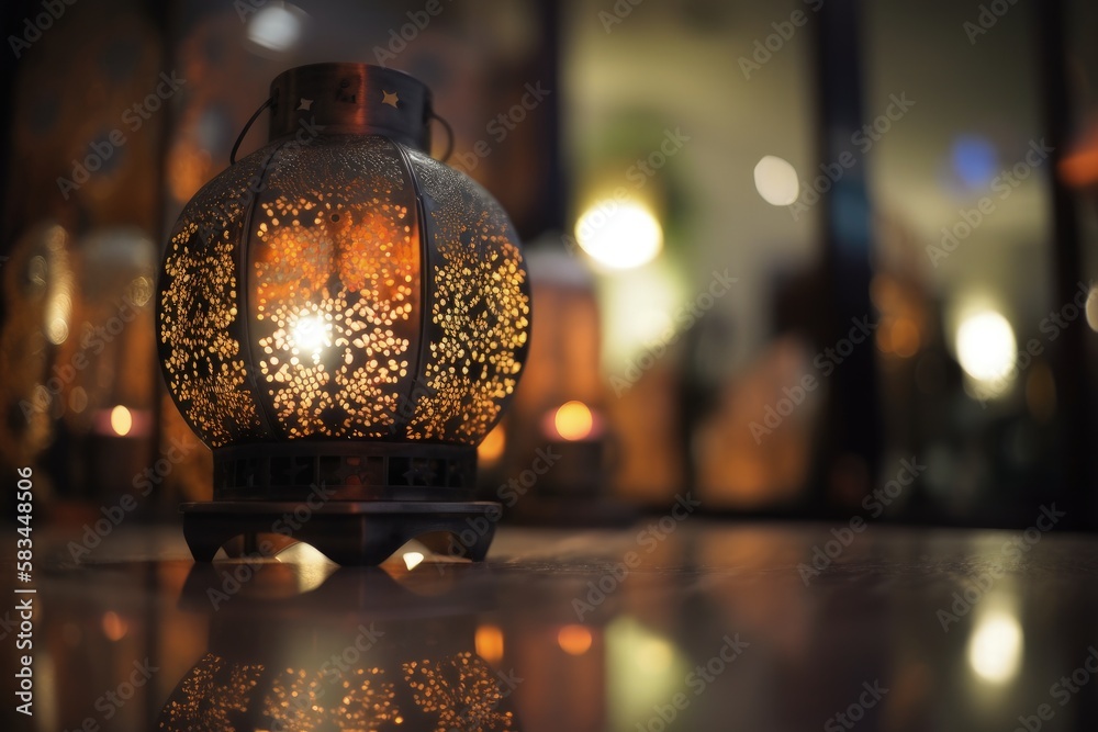 lantern on a wooden table generative ai Arabian Islamic artwork with a bokeh background and copy space lantern on a wooden table generative ai Arabian Islamic artwork with a bokeh background and copy space